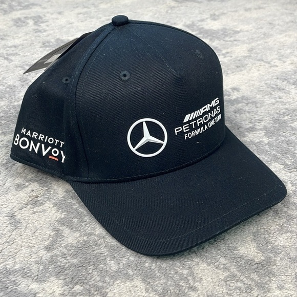 NWT Mercedes AMG Petronas F1 Logo Cap Baseball Hat Black Marriott Logo OS - Picture 2 of 11